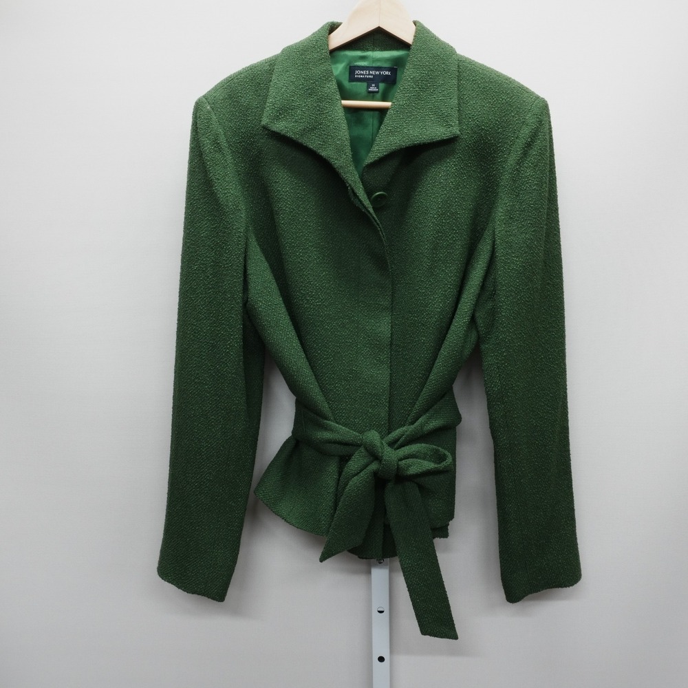 Jones New York Signature Green Wool Blend Belted Boucle Blazer Jacket Size 14